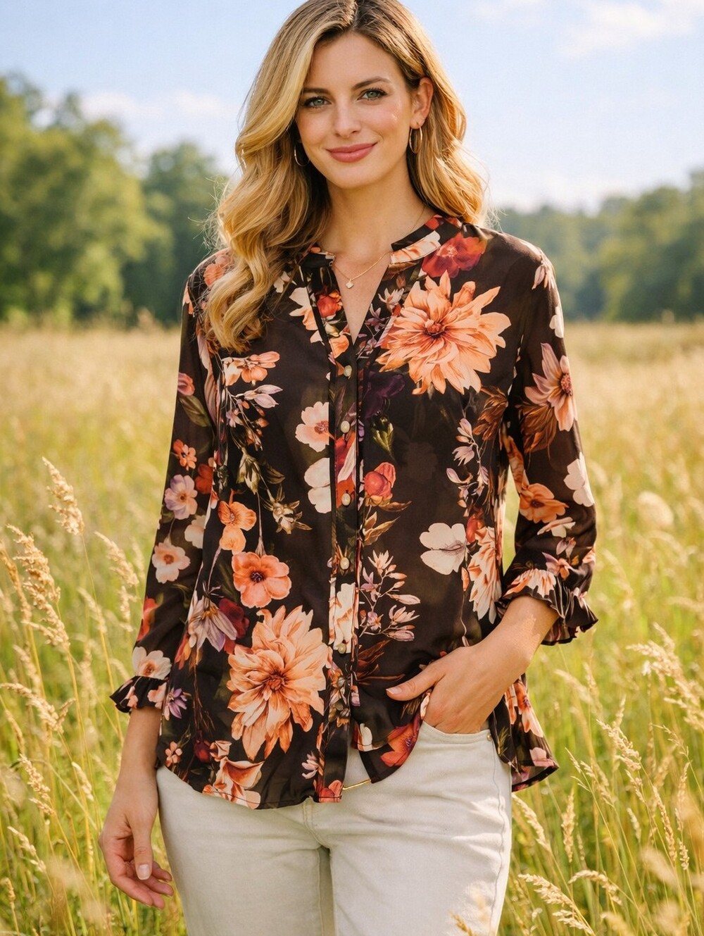 Allison Daley Brown Button-Front Floral Blouse with Peach Accents